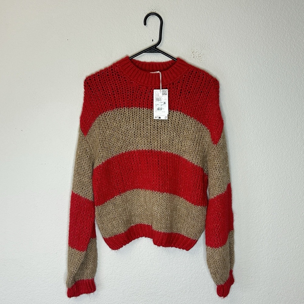 NWT MANGO Candice Chunky Knit Striped Pullover Sweater Size M Womens MNG Red Tan